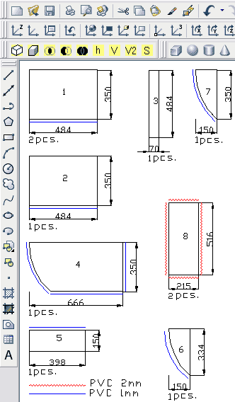 On this drawing you can see sketch of flat furniture parts made by our software.